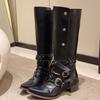 Rivet Pointed Knight Boots Design Sense Spice Girl Retro Black Punk Pants Boots Small But Knee Boots