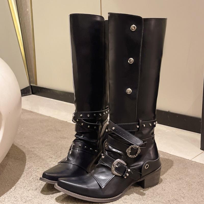 Rivet Pointed Knight Boots Design Sense Spice Girl Retro Black Punk Pants Boots Small But Knee Boots