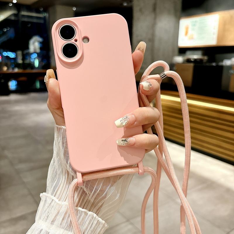 

Чехол для iPhone 16 Pro 15 14 Plus 13 12 Pro Max 11 Candy Color, тонкий, с ремешком на шею и шнурком iPhone 15 розовый