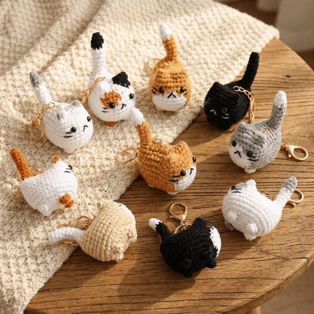 Multi-color Crochet Kitten Keyrings Cartoon Knitted Cat Keychain Cat Crochet Keychain Gift
