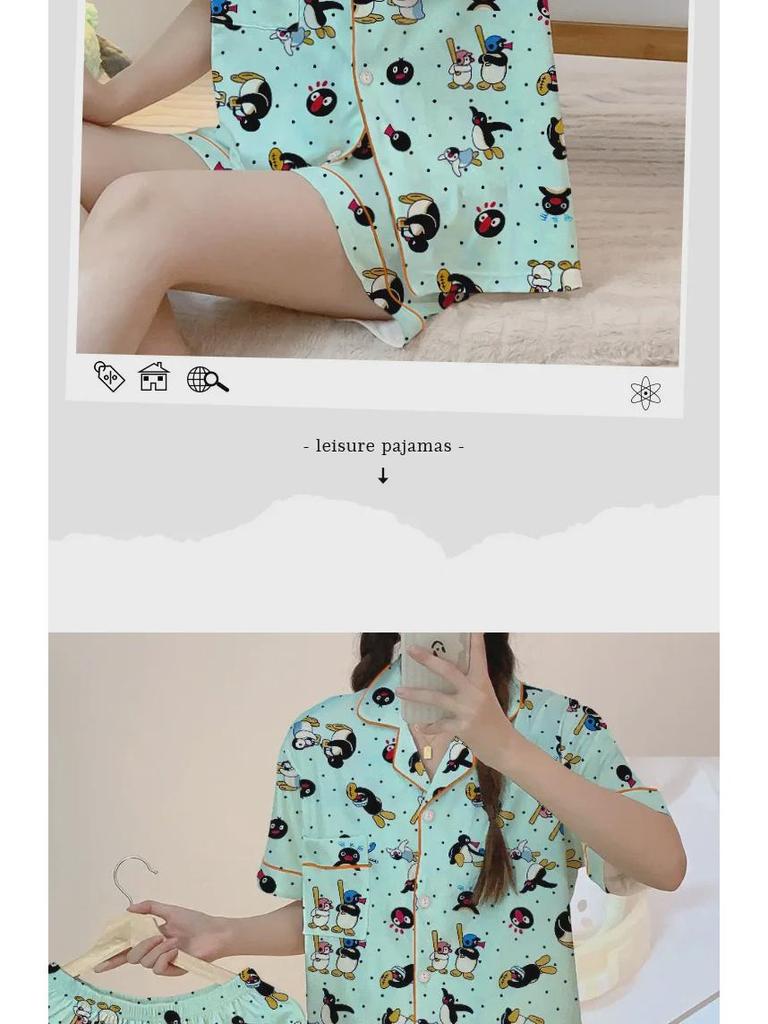 Sweet Girl Penguin Print Summer Pajama Set - Short-Sleeved Cardigan & Shorts