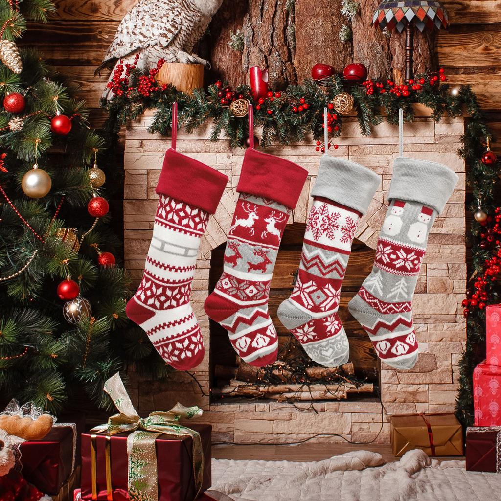 Christmas Decorations Wool Socks Red And Gray Elk Gift Bag Children's Gift Bag Knitted Christmas Socks