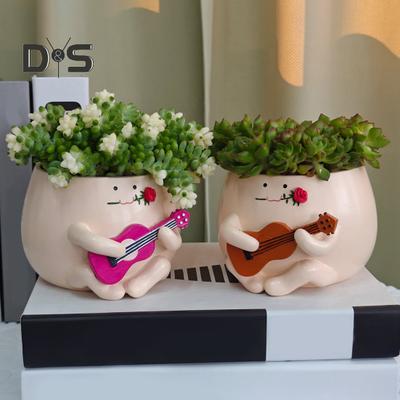 Guitar Smiling Face Planter Pot Ρητίνη Ukulele Head Γλάστρα Εσωτερικού εξωτερικού χώρου κάκτων παχύφυτα Δοχείο σπιτιού Μπαλκόνι Διακόσμηση κήπου