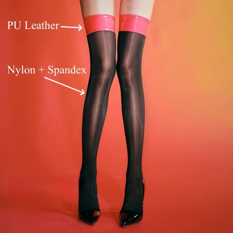 8D Horse Oil Shiny Black Sexy Thigh High Stockings Gothic Punk PU Leather Patchwork Accessories Women Sexy Party Hosiery