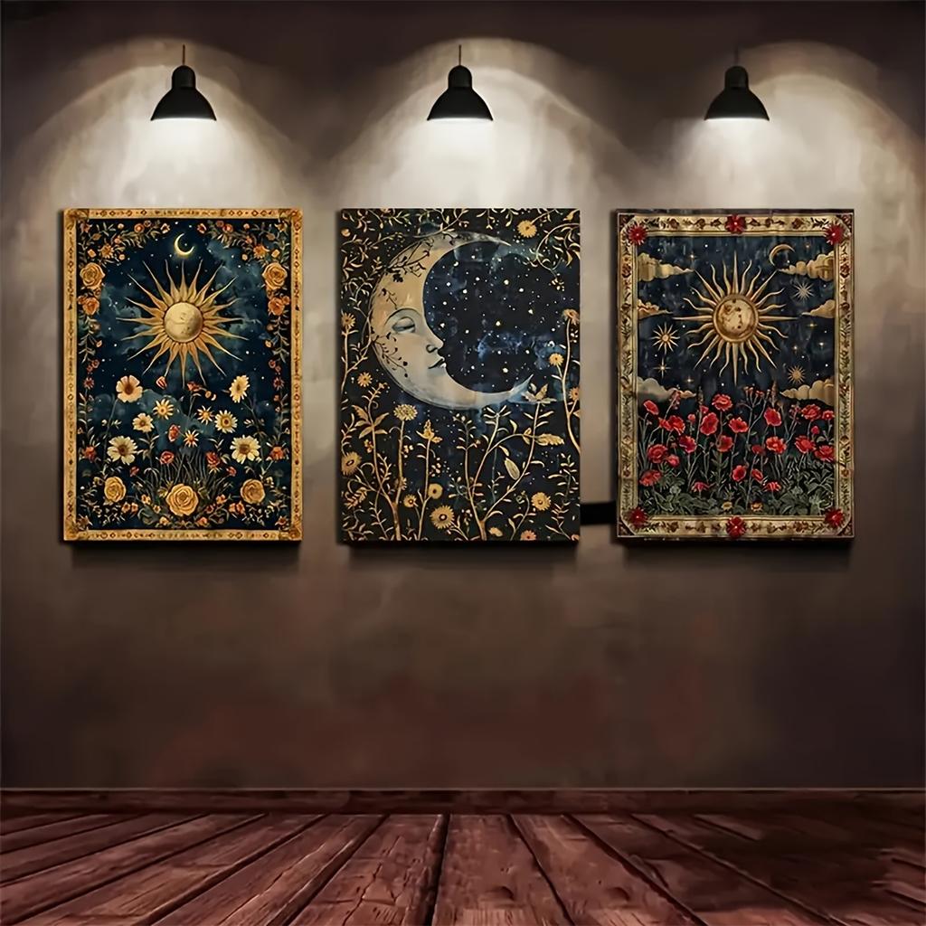 3pcs/set Retro Crescent Moon Sun Plant Canvas Print Beautiful Floral Celestial Theme Landscape Wall Art Poster Modern Home Decor