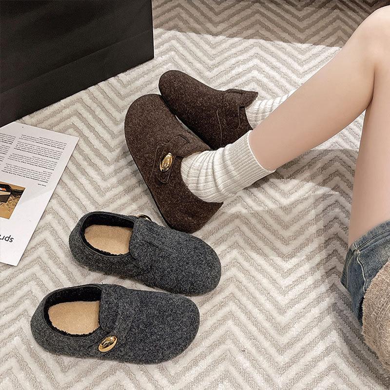 Thick-soled Gray Women's Plush Beanie Shoes, New Winter Shoes, One-pedal Loafers Cotton Shoes