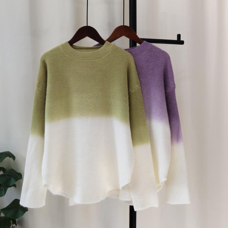 Autumn and winter new design sense gradual change of color sweater pullover women soft waxy loose lazy wind knitted sweater top