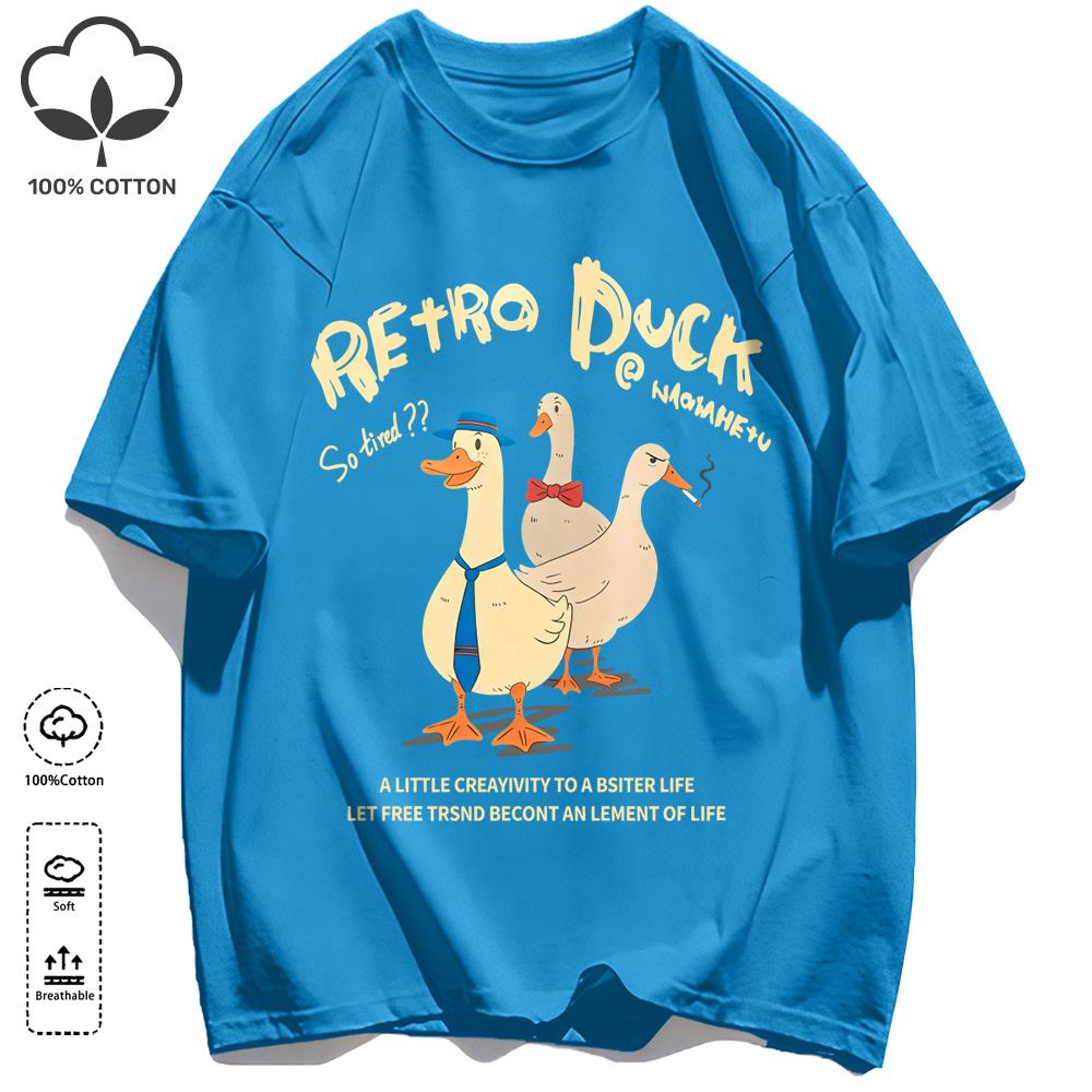 Retro Duck Doesn'T Feel Tired Design T Shirts Unisex Cotton Basics T-Shirt Soft Summer Fashion Tee Unisex O-Neck Loose Retro Top