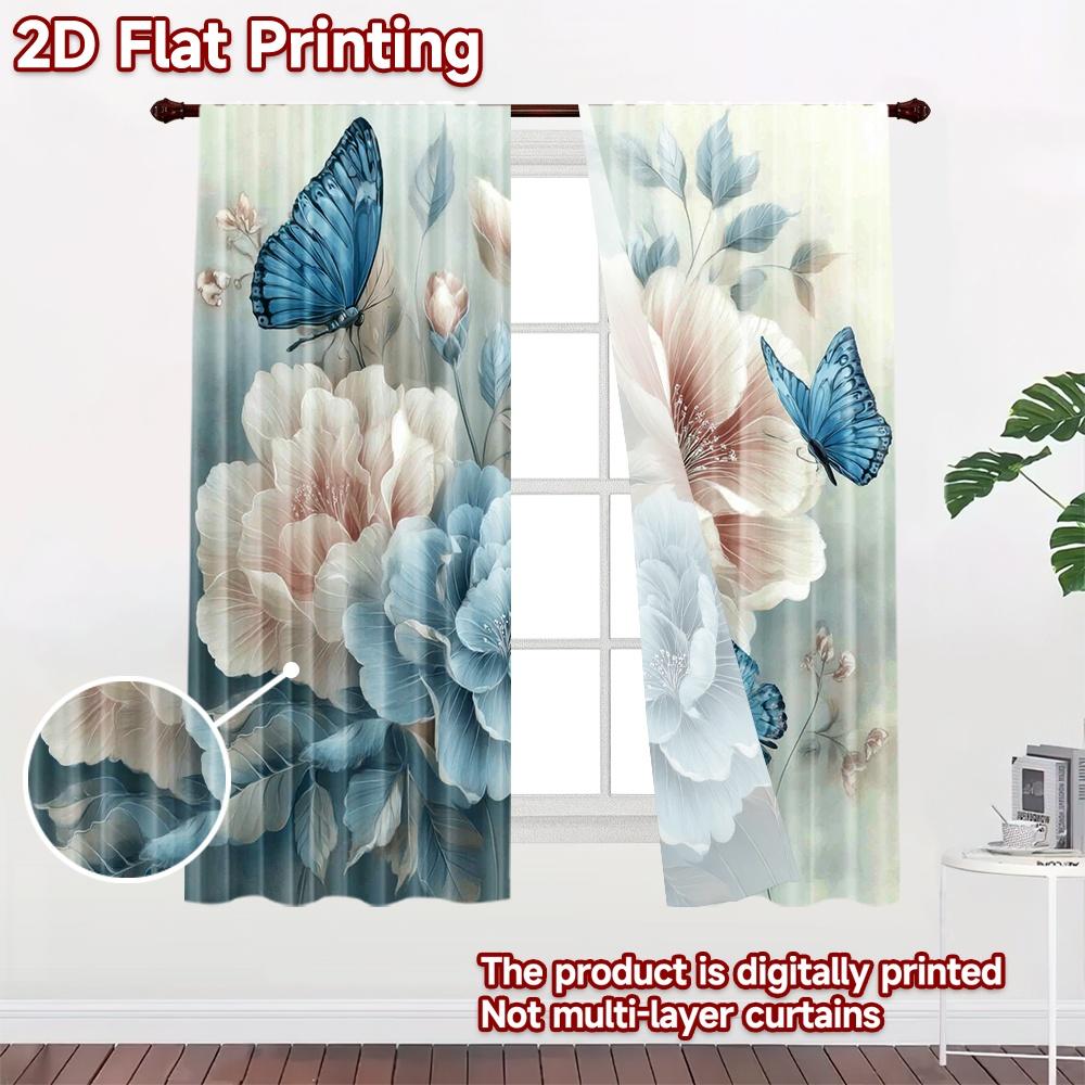 2D Flat Printing 2pcs Window Drapes Blue Butterfly Flower Digital Printed Polyester Drapes Holiday Decorations Perfect for
