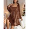 VEZFAA Women's Fashion Spring Fall Solid Color Print Long Sleeve Square Collar Loose Waistline Casual Dresses