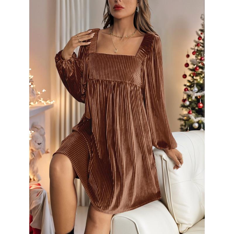 VEZFAA Women's Fashion Spring Fall Solid Color Print Long Sleeve Square Collar Loose Waistline Casual Dresses