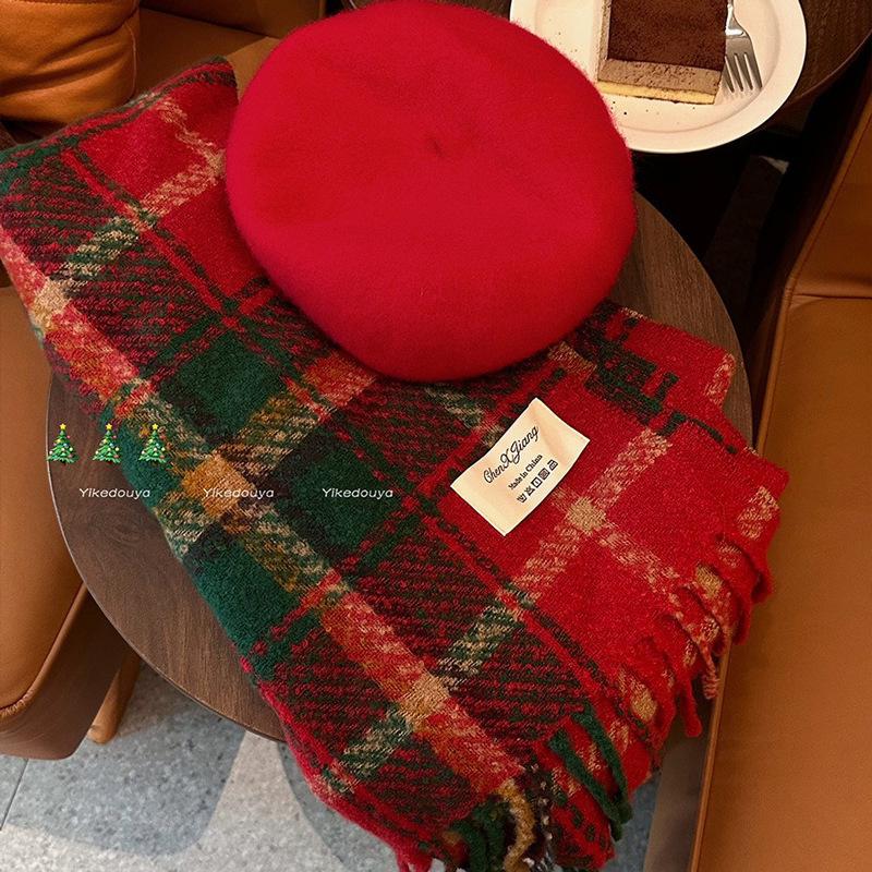 Neujahrs Rot Quaste Karoschals: Gestrickt Warm Koreanischer Stil für Damen - Herbst & Winter