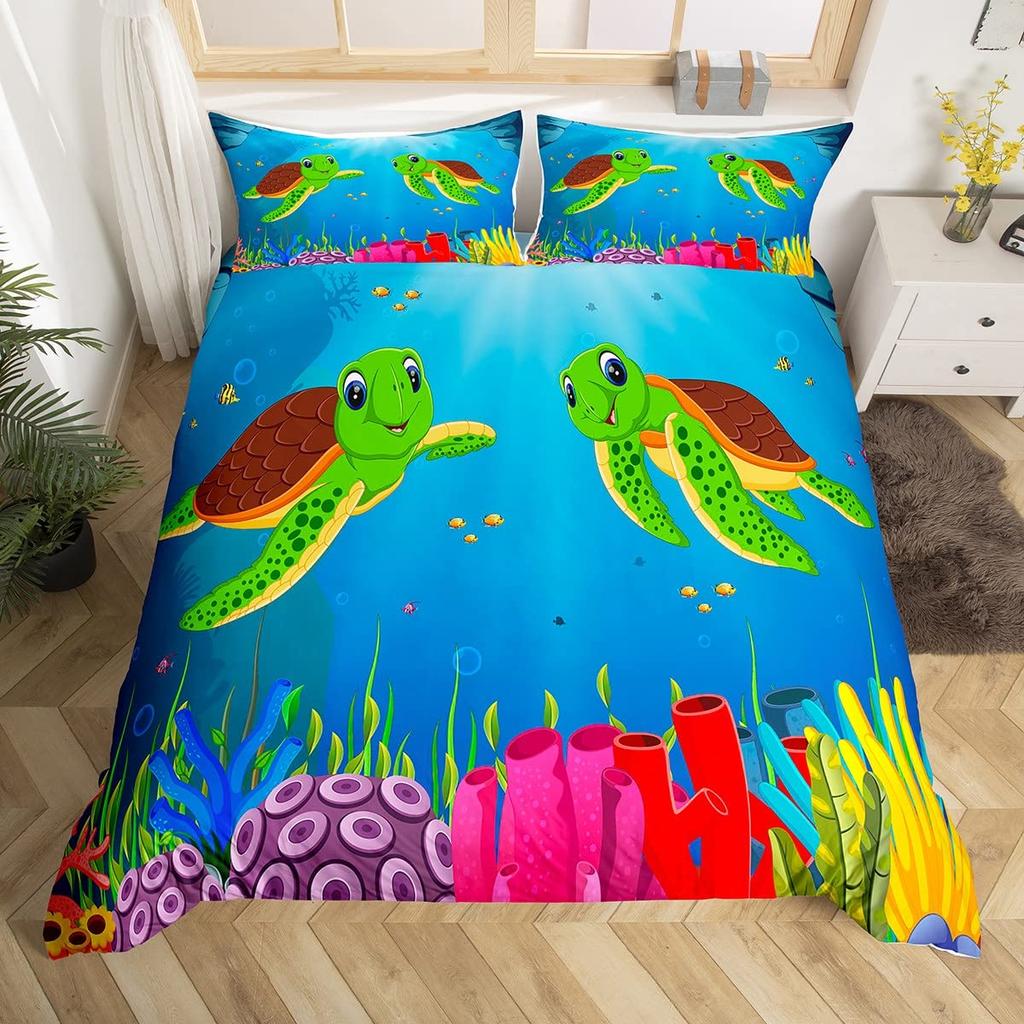Sea Turtle Duvet Cover 3D Turtle Bedding Set Ocean Marine Theme Comforter Cover For Boys Girls Underwater Animal Pattern Bed Set