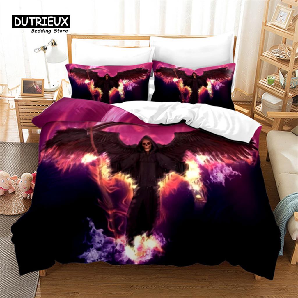Skull Duvet Cover Microfiber Horror Theme Bedding Set Grunge Scary Skulls Sketchy Graveyard Death Evil Face Full Comforter Cover