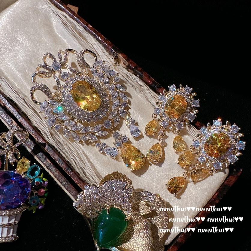 Farah Crown Wheat Ear Jewel Brooch, Antique, 18K Gold Plated, Twilight Yellow Water Drop Zircon Earrings Combination