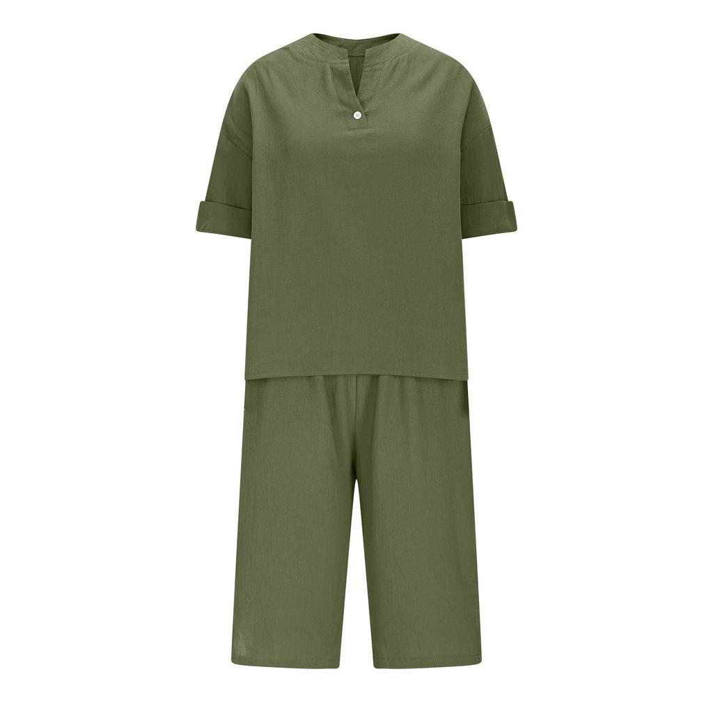 Women's Casual Fashion Sexy  Short Sleeve Pullover Shirt Round Neck Literary Retro Solid Color Casual Split Suit