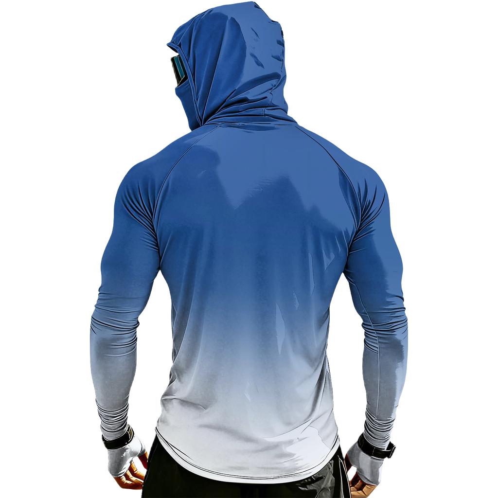 Men Raglan Sleeve Gradient Hooded Long Sleeve Sun Shirt Lightweight Pullover with Thumb Holes for Outdoor Activities