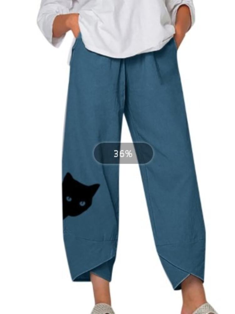 Pantaloni da Donna Elasticizzati in Vita con Stampa Animalier e Motivo Gatto, Pantaloni Casual, Pantaloni a Nove Quarti
