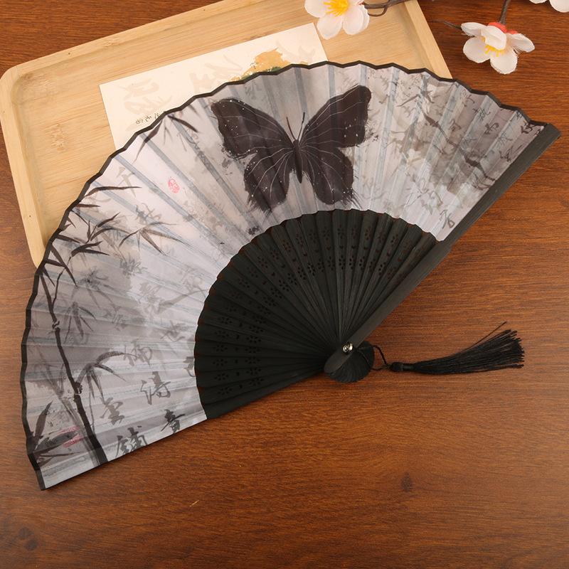 1pc Chinese Style Bamboo Folding Fan Butterfly Pattern Hand Fan With Tassel For Wedding Dance Party Home Decor