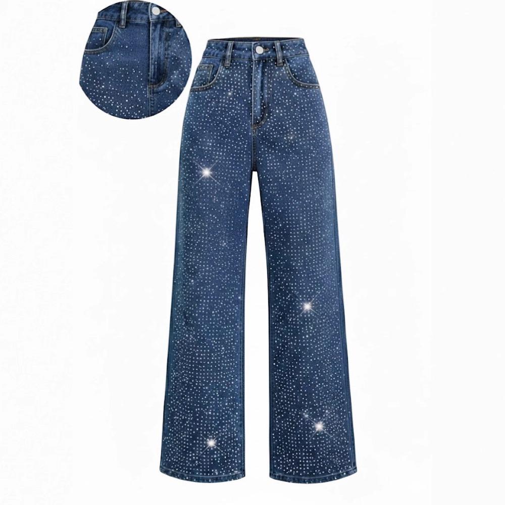 Women's High Waist Straight Leg Jeans Loose Fit Rhinestone Embellished Denim Pants Elegant Spring Wash Wide Leg Trousers