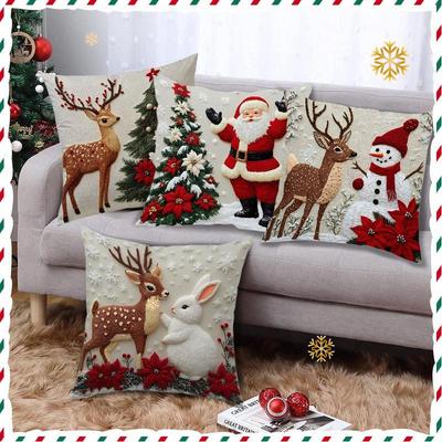 Christmas Reindeer & Rabbit Holiday Pillowcase - Festive Short Plush Sofa Decor