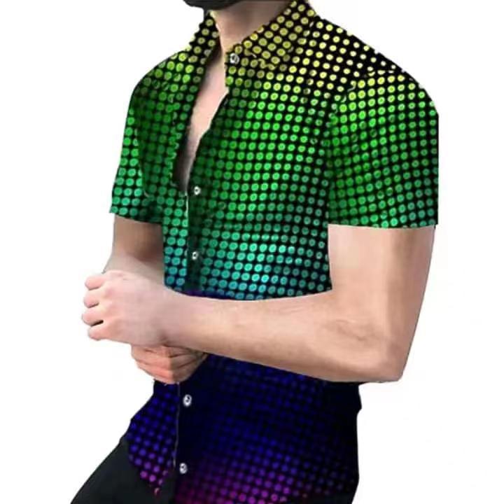 Stylish short-sleeve polka dot shirt, trendy gradient design for casual wear.