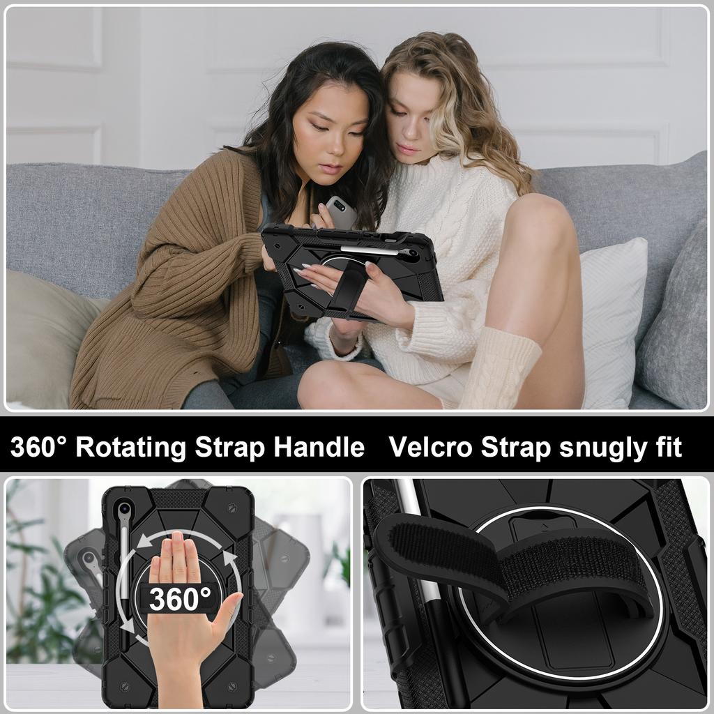 For Samsung Galaxy Tab S10 FE/S9 FE/S9 Case Silicone+PC Kickstand Tablet Cover with Handy Strap