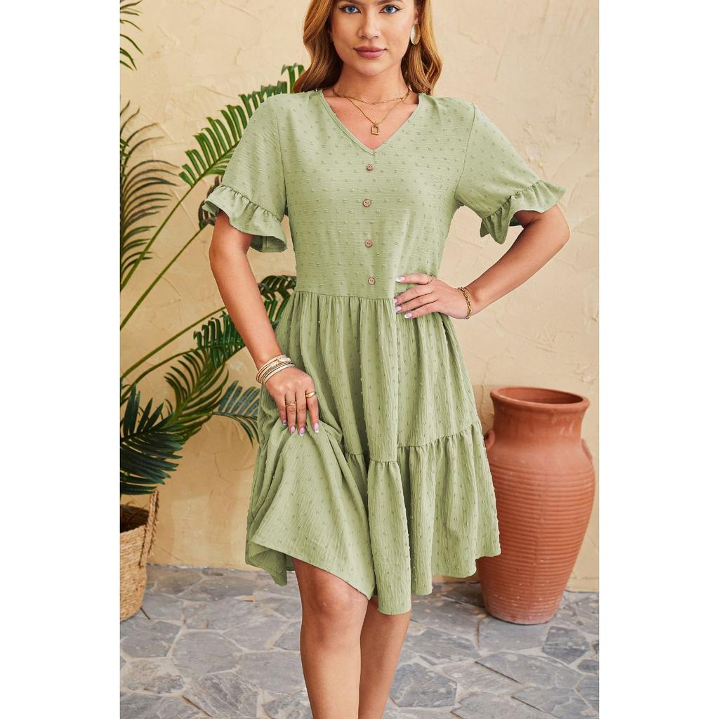 Spring Summer New Women's Jacquard V-neck High Waist Knee-length Pleated Dress, European American Style Leisure Women's Clothing