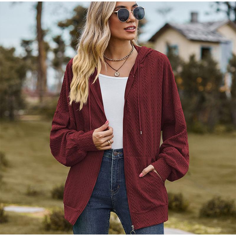 Women's Oversized V-neck Zipper Pure Color Long Loose Hooded Outwear