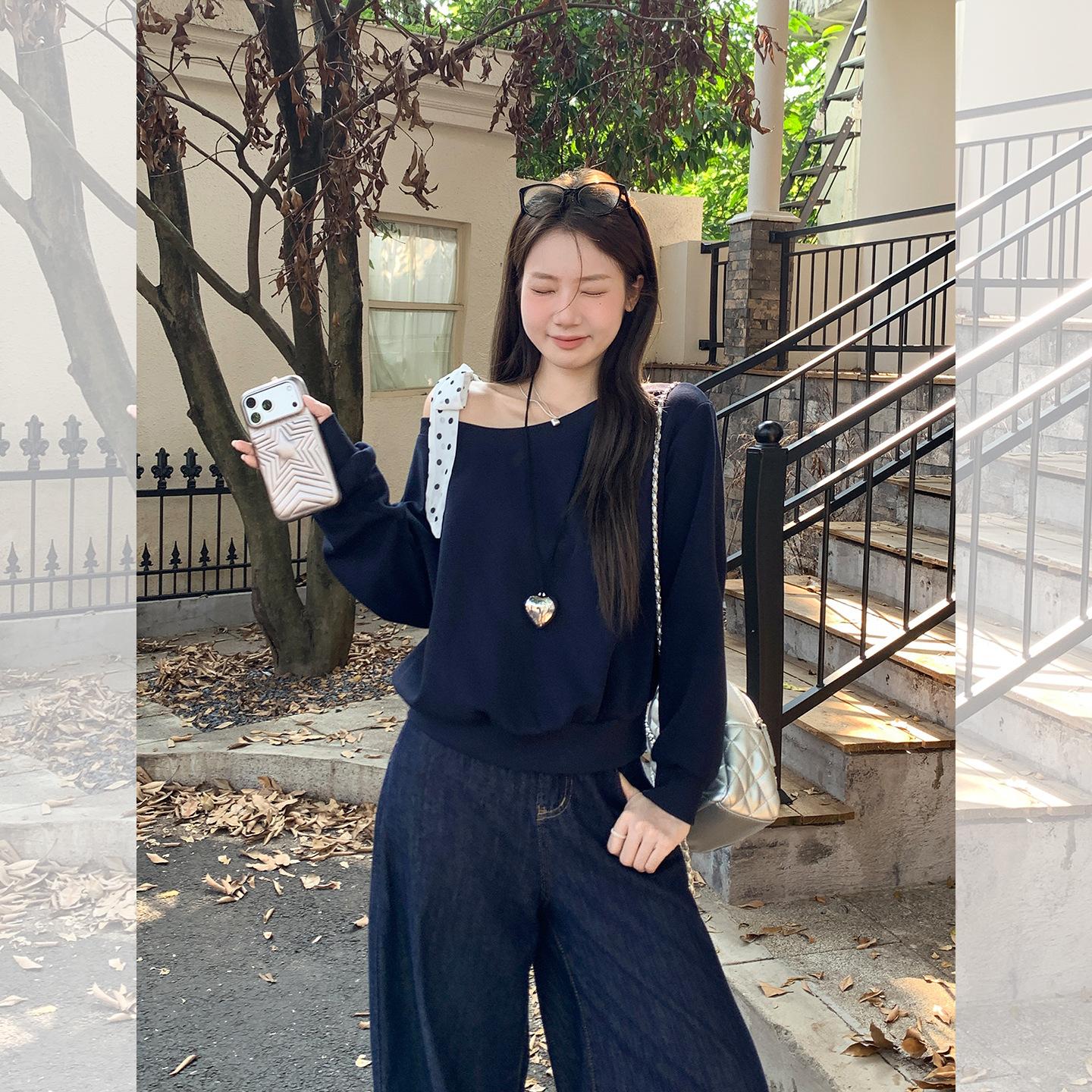 

Johnature Свитшот без капюшона с длинными рукавами и завязками на плечах в корейском стиле в горошек для женщин на осень и зиму, пуловер с открытыми плечами L тёмно-синий