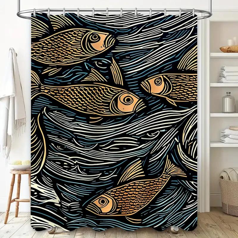 Modern Artistic Colorful Fish Pattern Waterproof Shower Curtain For Stylish Bathroom Decor, Easy Install