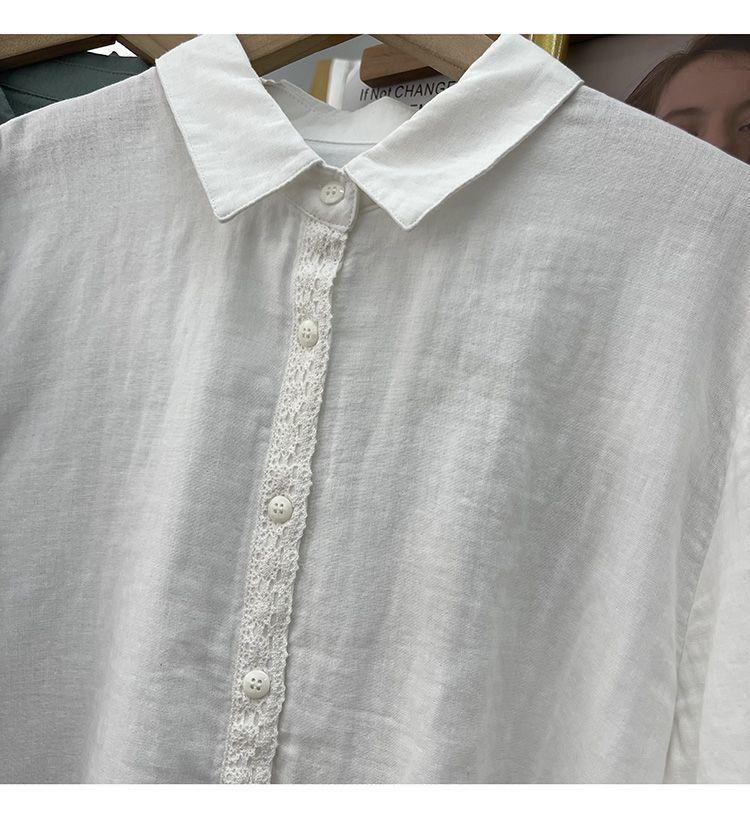 Women's Retro Cotton Linen Long Sleeve Shirt with Lace Detail