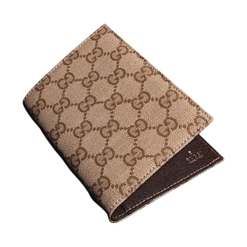 Gucci Gold Foil Stamped Logo Inside GG Coated Canvas Passport Bag for Women Sand and Dark Brown