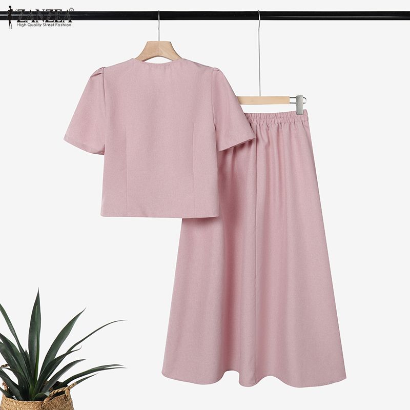 ZANZEA Women Short Sleeve Blouse and Skirts Casual Two Piece Suit Sets