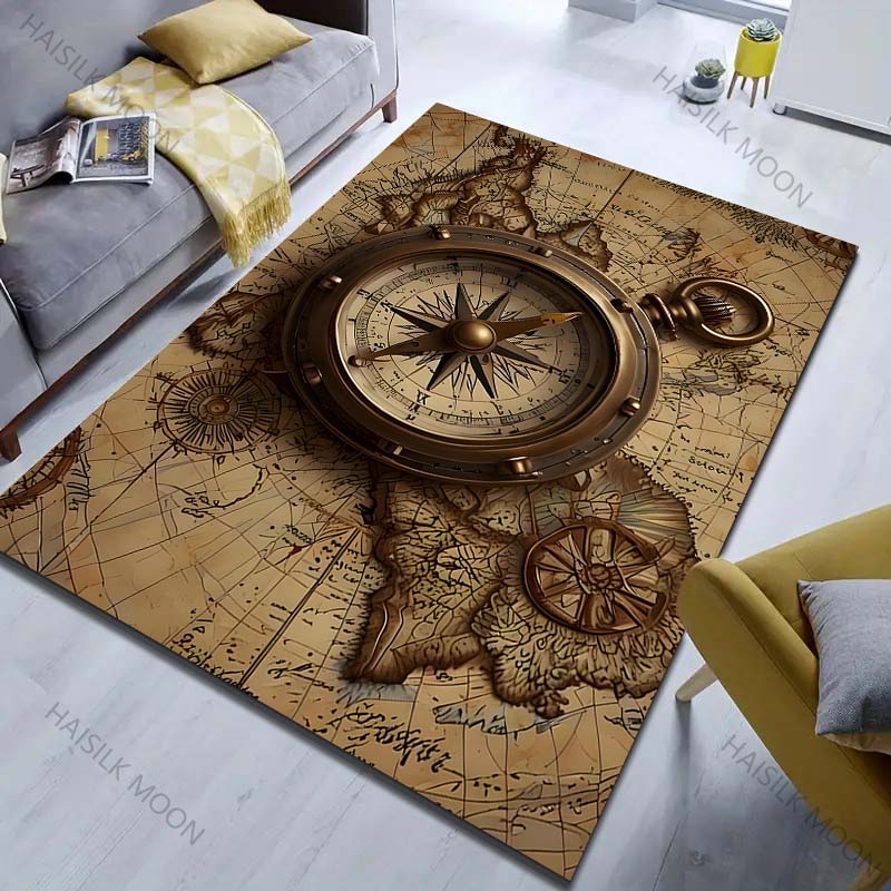 Vintage Map Compass Printing Carpet for Bedroom Living Room Bedside Sofa Floor Mat Modern Home Decor Area Rug Machine Wash