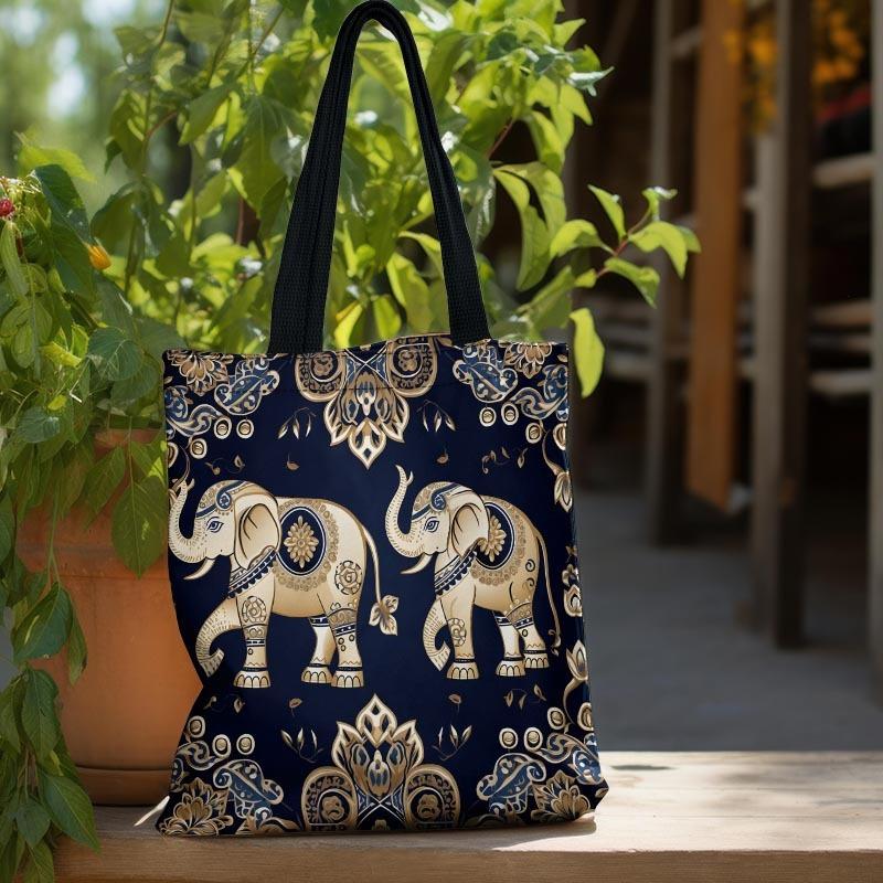 Large Capacity Reusable Elephant Print Tote Bag Bohemia Women Shoulder Handbag Multi-Functional for Daily Use Shopping Bag