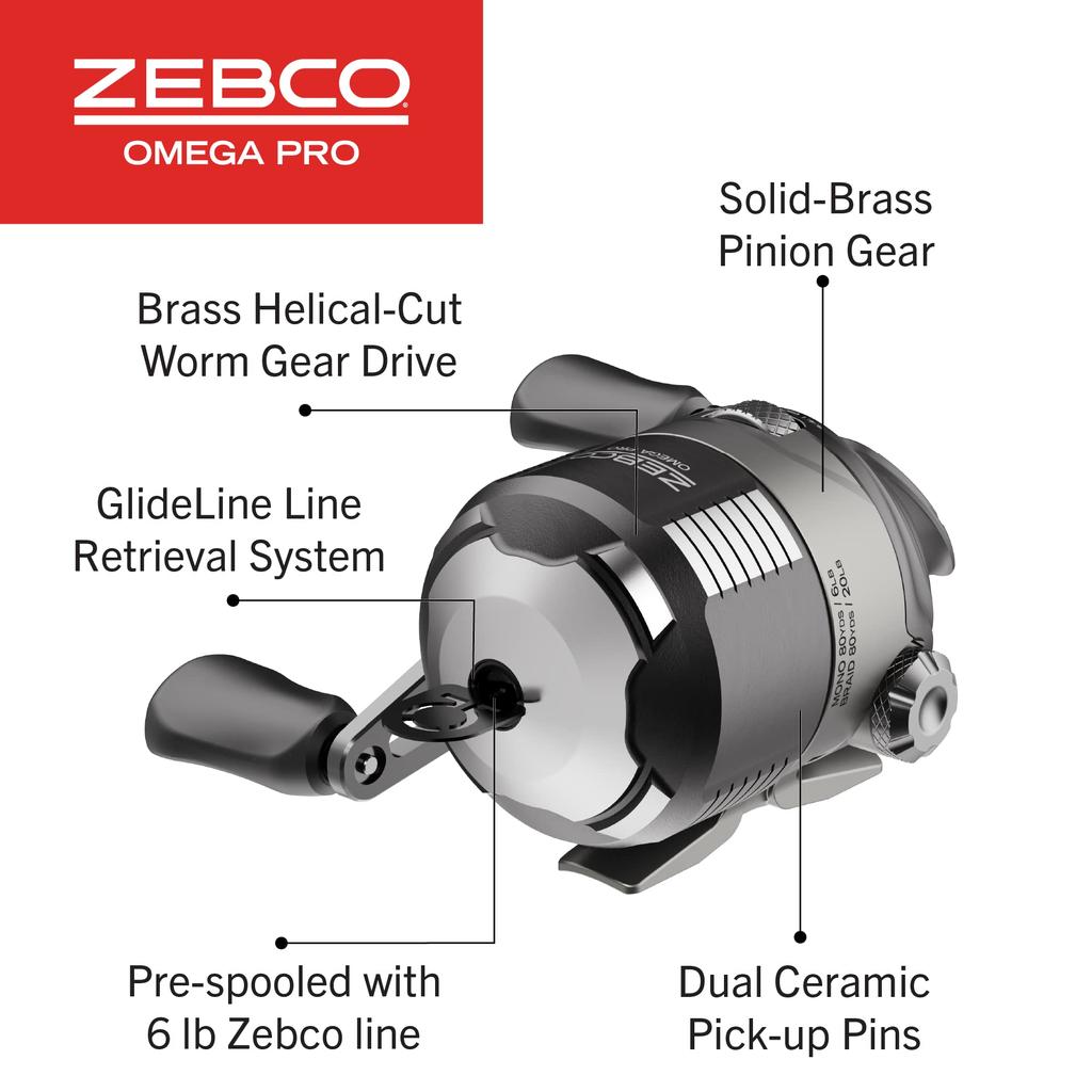 Zebco Omega Pro Spincast Angelrolle Größe Dual Keramik-Aufnehmer Massives Messing Ritzel GlideLine II Schnuraufzug 6lb Angelschnur Geflochten Schwarz Rolle, 20,