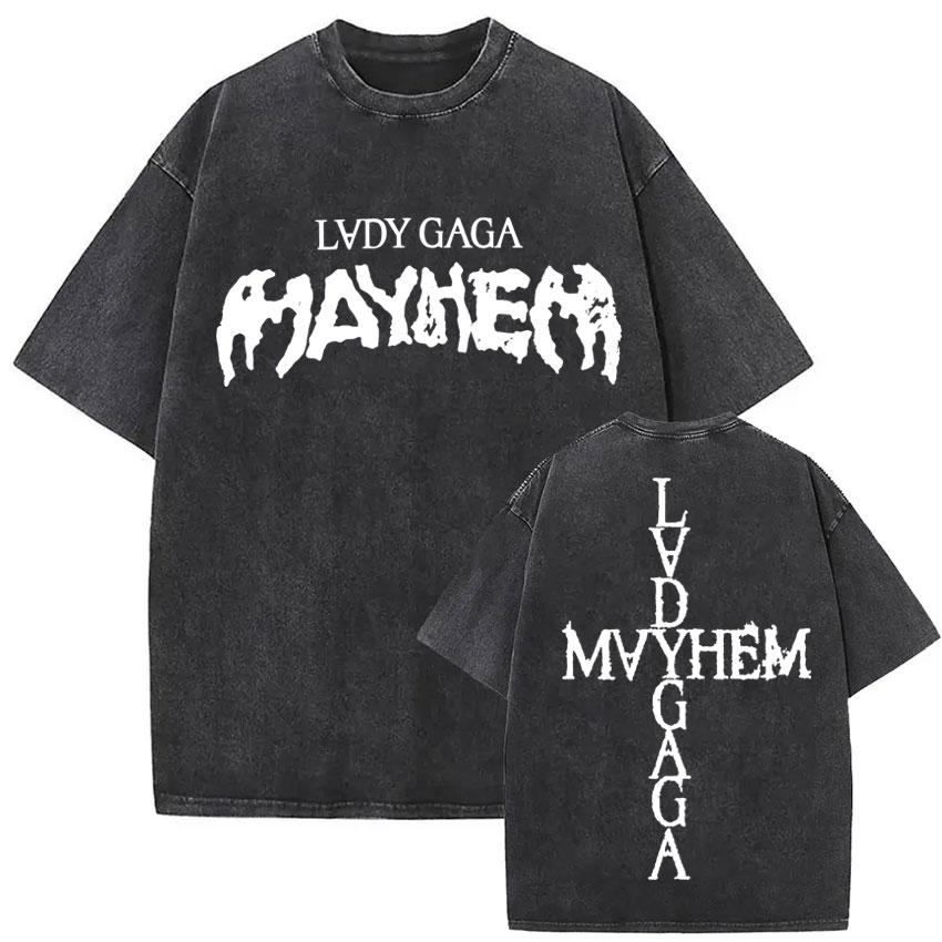 Lady Gaga Caos Lavaggio Vintage Stampa Lettere T-Shirt Unisex Donna Hip Hop Larga Manica Corta T-Shirt Cotone Puro Magliette Streetwear