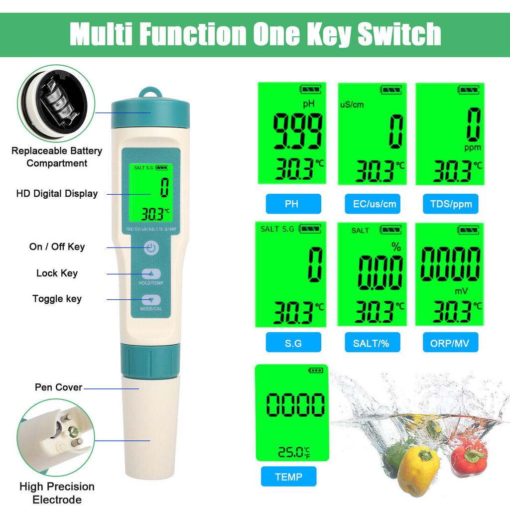 Digital PH Tester 7 In 1 TDS/EC/ORP/Temp/PH Meter Test Water Quality Monitor PH Tester For Household Drinking Hydroponics