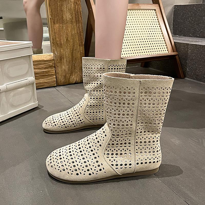 Retro Hollow Net Boots, Hole Shoes, Leather Boots Are Popular 2025 New Summer Breathable and Versatile Flat-bottomed Roman Cool Boots
