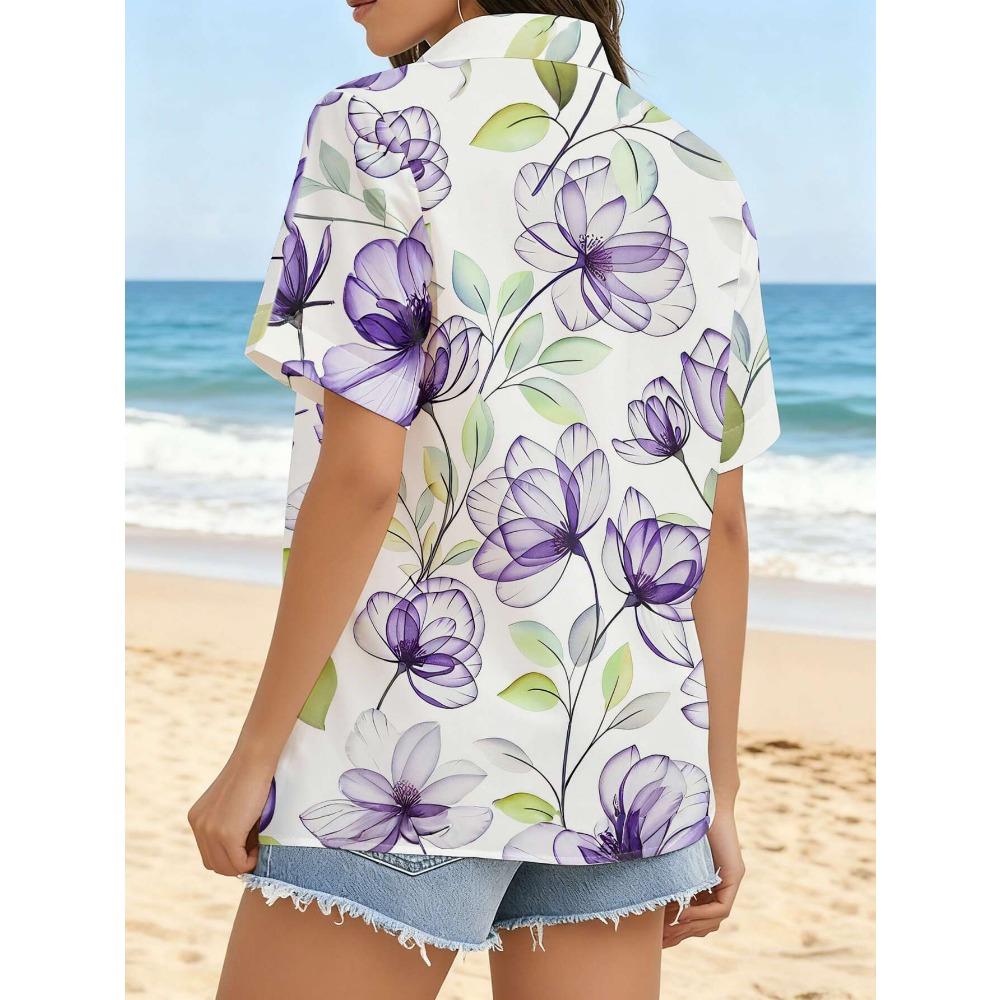 

Women s Light Purple Smudged Floral Button-Up Shirt - Short-Sleeve Collar Blouse Style Top S