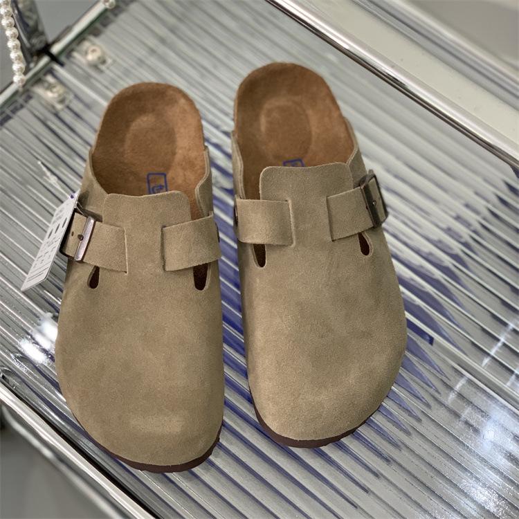 Boken Women's 2025 Autumn Genuine Leather Cork Bottom Suede Closed-Toe Mule Slippers