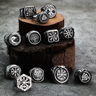 Anello in Acciaio Inossidabile Vichingo Nordico Ancora Bussola Albero della Vita Runa Amuleto Lupo Uomo Donna Gioiello per Dita Biker Festa Club Regalo