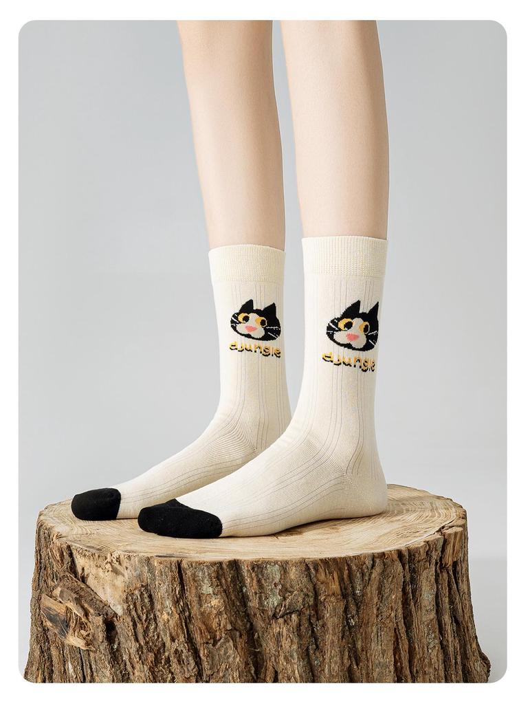 Trendige Cartoon-Katzen-Ringelsocken für Damen - Baumwolldesign für Frühling/Herbst