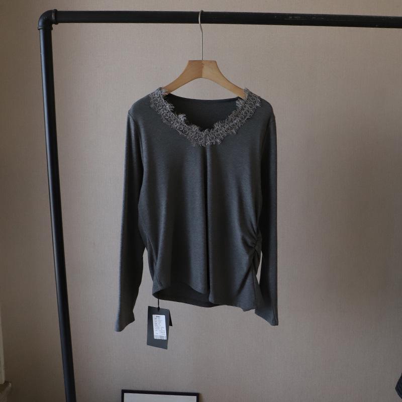 

2024 Корейская рубашка с кружевной отделкой, V-образным вырезом, приталенная, флисовая, плиссированная для женщин One Size светло-серый