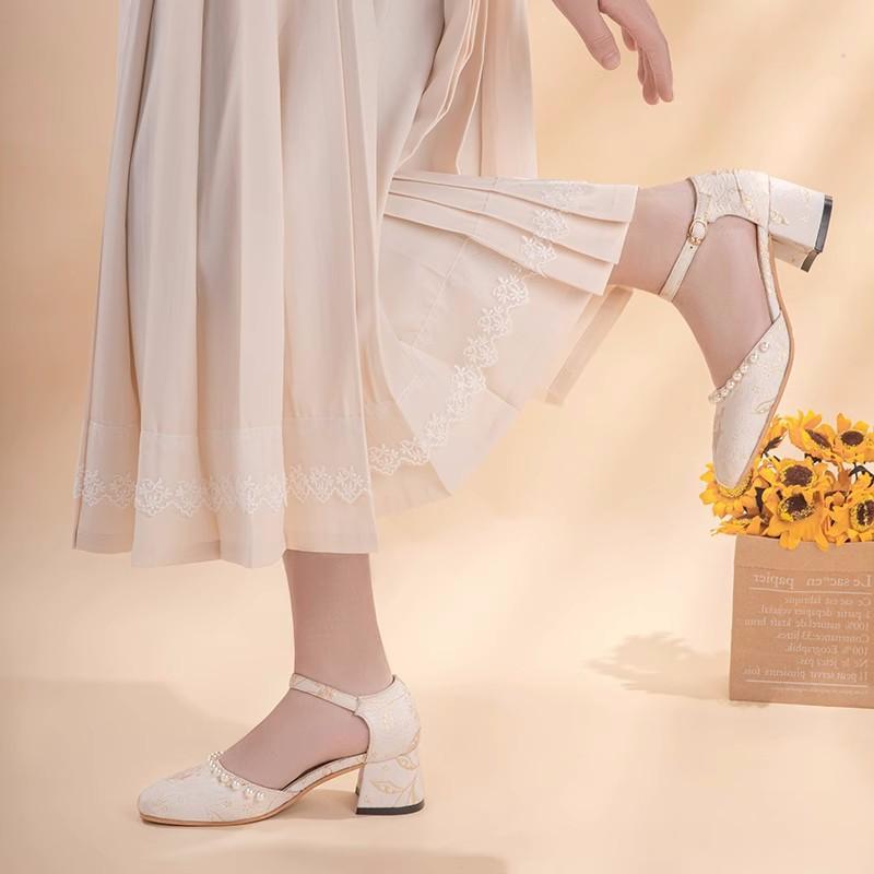 High Heels Women's Summer 2025 New Daily Square Head Thick Heel New Chinese Versatile One-word with Pearl Single Shoes Women