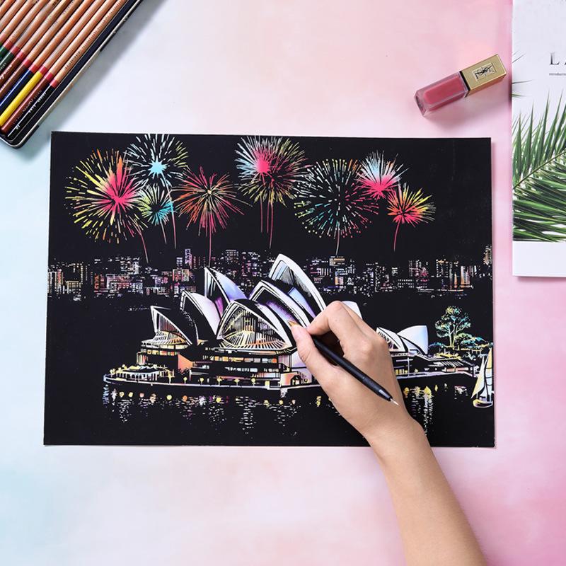 Colorful Cityscape Night View DIY Scratch Art: Relaxing Handmade Birthday Gift