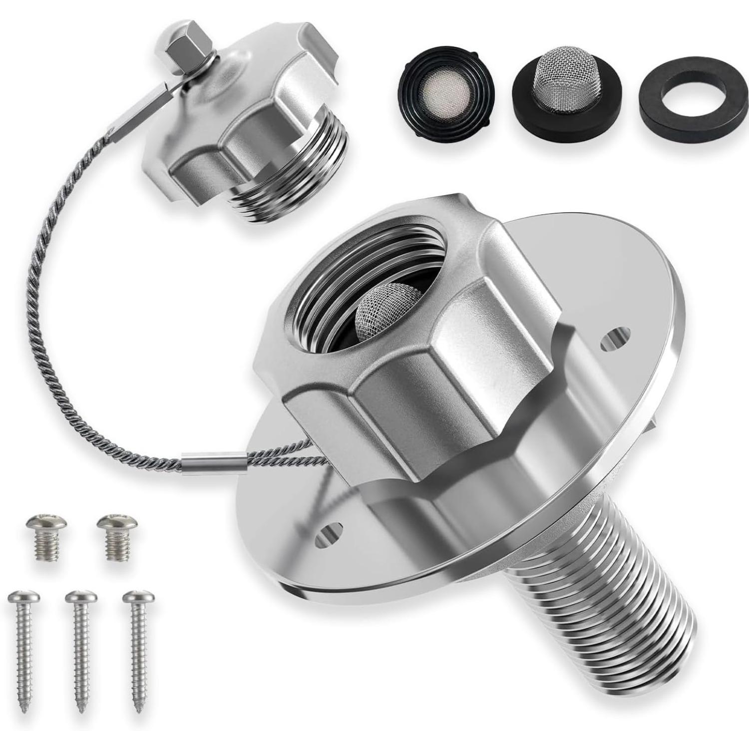 

RV City Water Inlet with Check Valve - All-Metal Brushed Stainless Steel Replacement Part, Universal Water Hookup Connection for Motorhome Trailer серебряный