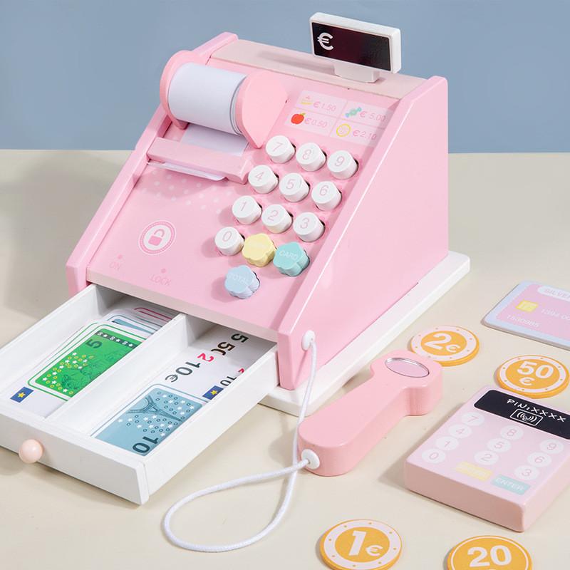 Supermarket Wooden Cash Register Playset Realistic Features Storage Box For Kids