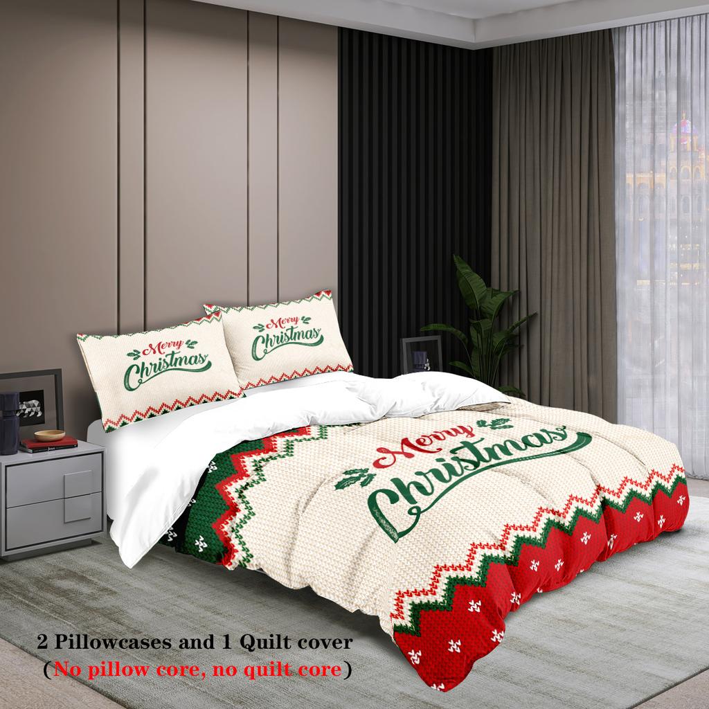 3-piece Christmas themed Merry Christmas English graphic print (1 duvet cover+2 pillowcases, no core) soft bedding set
